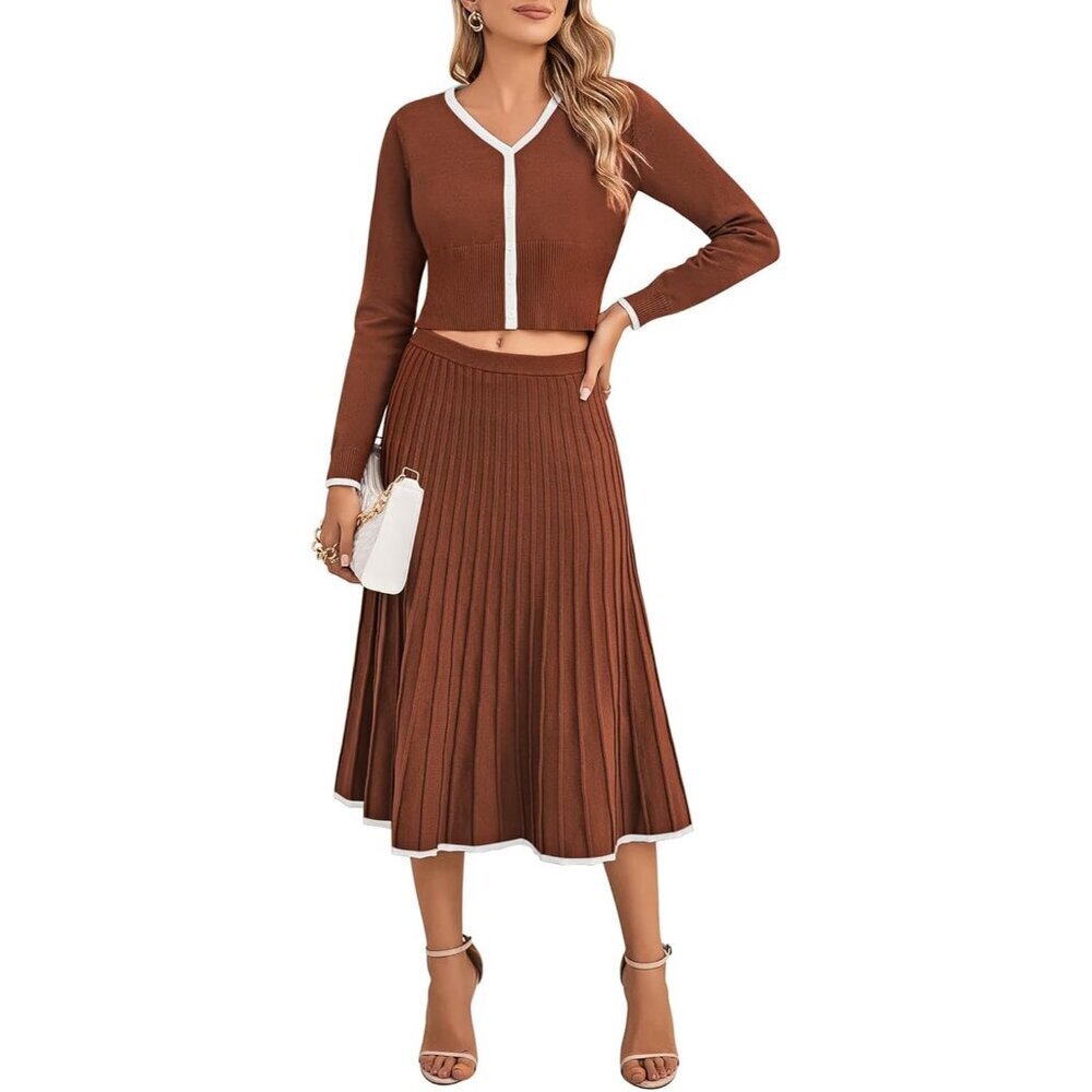 Women 2 Piece Knit Skirt Set Crop Top Pleated Midi Skirt Fall Outfits